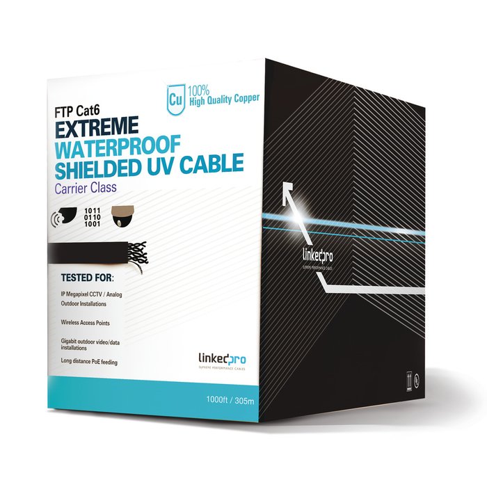 Bobina de cable de 305 Metros Cat6+ CALIBRE 23 Exterior Blindado tipo FTP para CLIMAS EXTREMOS, UL, color Negro,