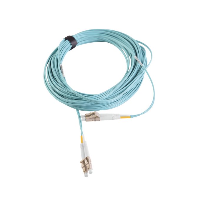 Jumper de Fibra Óptica Multimodo 50/125 XGLO OM3, LC-LC Duplex, OFNR, Color Aqua, 10 Metros