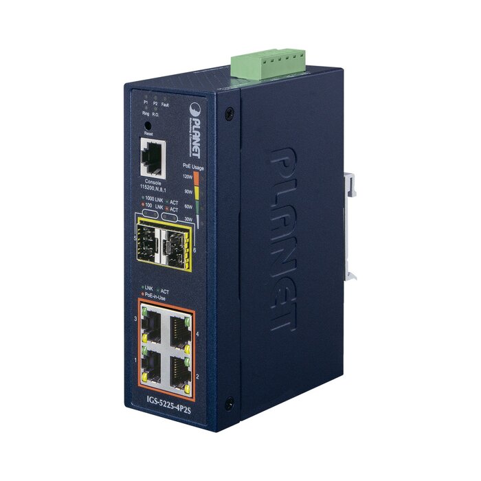 Switch Administrable industrial L2+ de 4 puertos 10/100/1000T C/PoE 802.3at + 2 puertos SFP 100/1000X