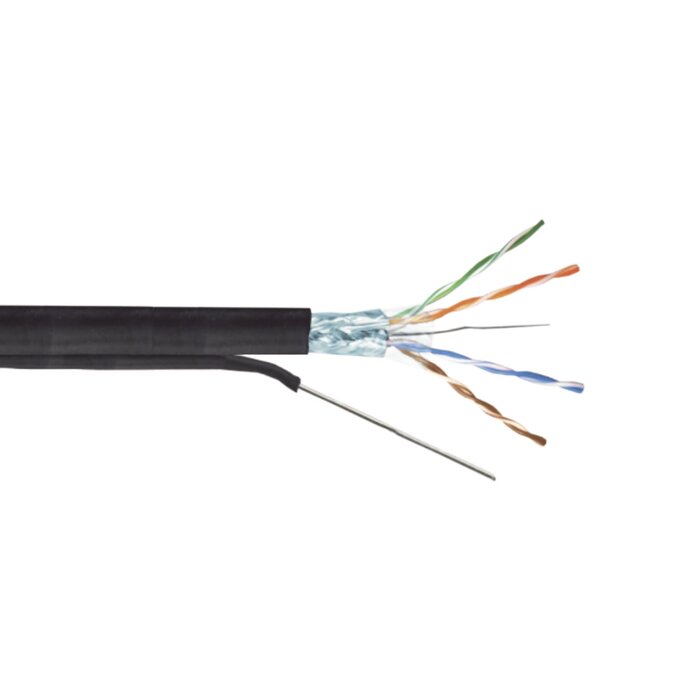Bobina de cable FTP con Mensajero de Acero de 305 m Cat6+ CALIBRE 23, color negro, para aplicaciones en CCTV y redes de datos / Uso en Intemperie y aplicaciones Aéreas