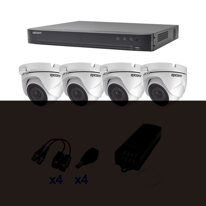 KIT TurboHD 1080p / DVR 4 Canales / 4 Cámaras Eyeball (exterior 2.8 mm) / Transceptores / Conectores / Fuente de Poder Profesional