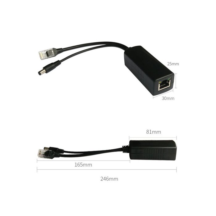Cable divisor PoE pasivo de 48-55 Vcd @ 12 Vcd, 2 A. Aplicaciones como adaptar micrófonos en cámaras IP